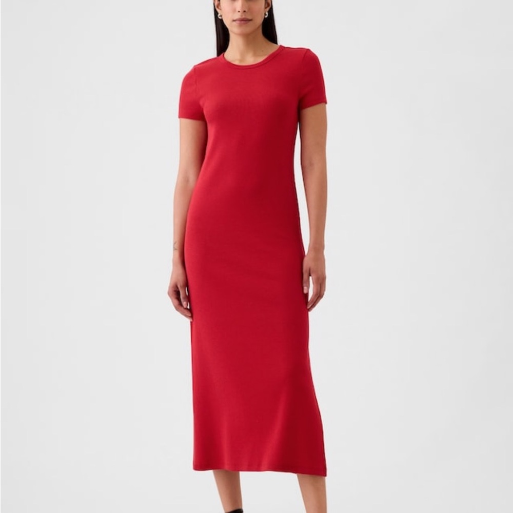 GAP Red Maxi Dress with Slit and Crew Neck